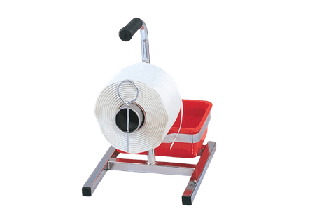 Sitemax Portable Dispenser for woven strapping with ergonomic handle and sturdy metal base. Designed for dispensing of 19mm woven strapping on construction and containment sites 