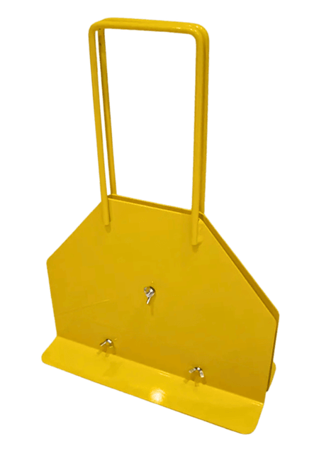 Yellow steel strapping dispenser designed for safe storage and dispensing of ribbon wound 13–19mm steel strapping on construction and packaging sites