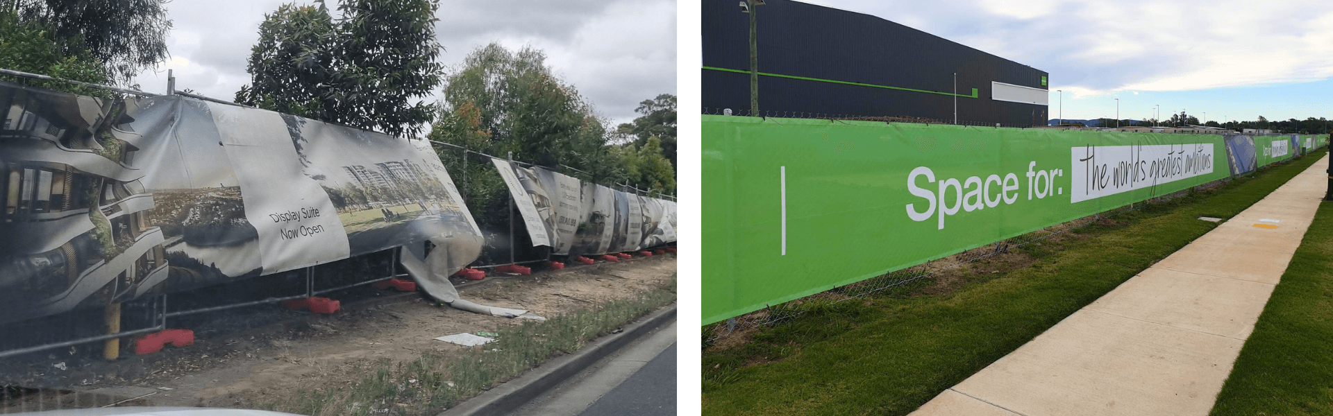 Temporary fencing on a empty site that is falling down, deeming it ineffective as a perimeter fence and as a marketing tool 