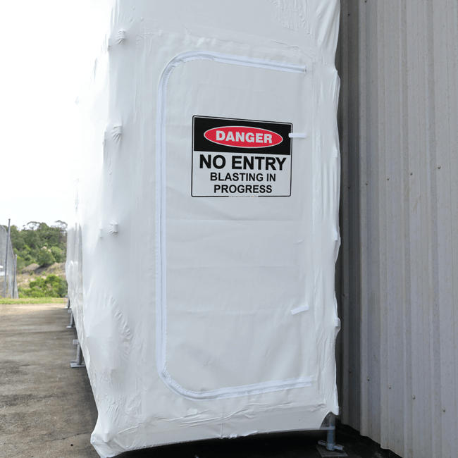 Sitemax Heavy Duty Vinyl Zipper Door Access for Shrink Wrap - Printed DANGER No Entry Blasting In Progress Sign for use on containment systems