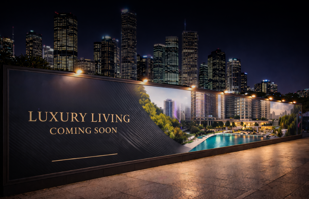 Clean luxury development hoarding presentation