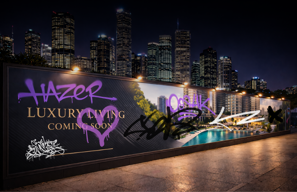 Construction hoarding covered in graffiti